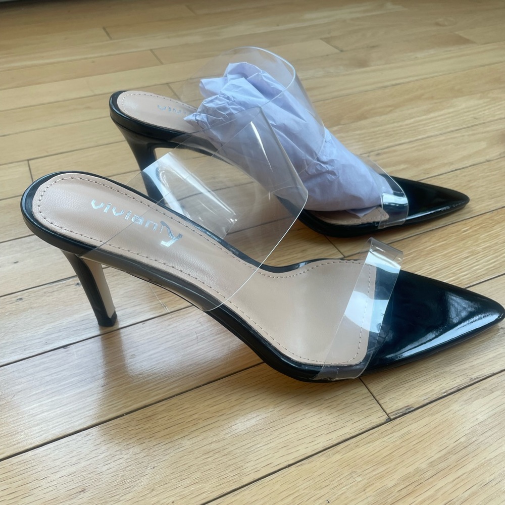 Clear Black Pointed Toe Heel Stiletto High Heels Slip on Mules for Women *NEW*